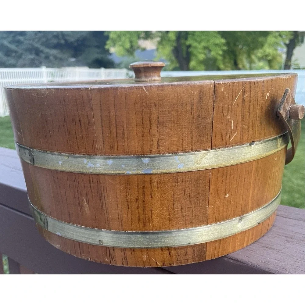 Vintage Wooden Firkin Sugar Bucket Swing Handle Lid 2 Brass Bands 12